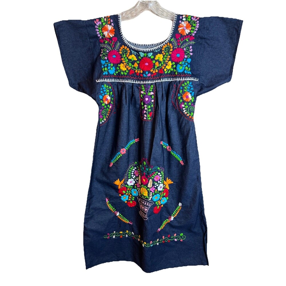 Vintage Hand Embroidered Mexican‎ Denim Jean Dress Size Small RARE Beautiful
